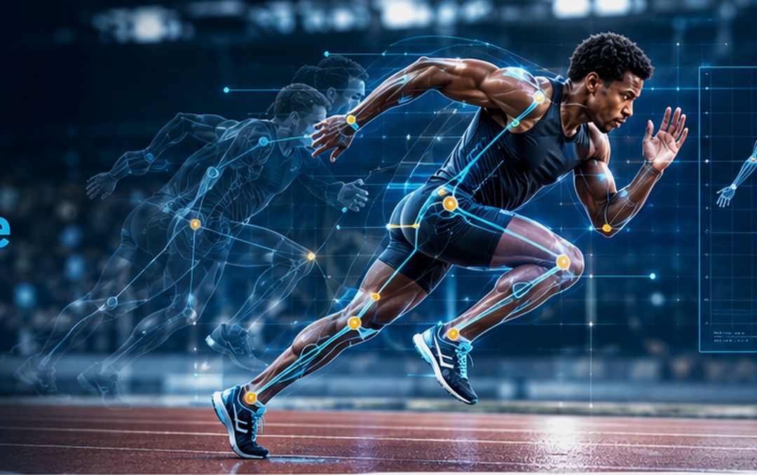 A sprinter mid-stride with a motion-capture skeleton and joint markers overlaid, and earlier positions of the same stride shown behind.